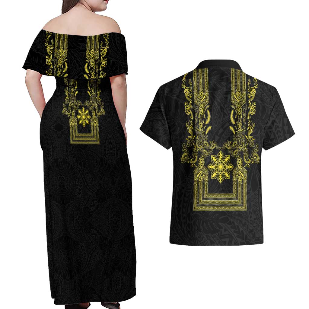 Philippines Barong Style Couples Matching Off Shoulder Maxi Dress and Hawaiian Shirt with Polynesian Art and Leaf Motif Black-Gold Color