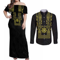 Philippines Barong Style Couples Matching Off Shoulder Maxi Dress and Long Sleeve Button Shirt with Polynesian Art and Leaf Motif Black-Gold Color LT03 Black - Polynesian Pride
