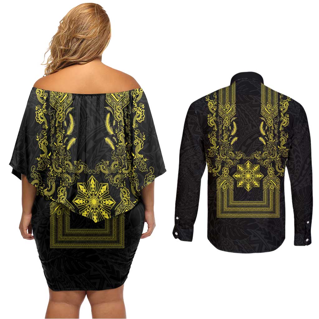 Philippines Barong Style Couples Matching Off Shoulder Short Dress and Long Sleeve Button Shirt with Polynesian Art and Leaf Motif Black-Gold Color LT03 - Polynesian Pride