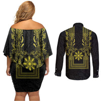 Philippines Barong Style Couples Matching Off Shoulder Short Dress and Long Sleeve Button Shirt with Polynesian Art and Leaf Motif Black-Gold Color LT03 - Polynesian Pride