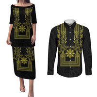 Philippines Barong Style Couples Matching Puletasi and Long Sleeve Button Shirt with Polynesian Art and Leaf Motif Black-Gold Color LT03 Black - Polynesian Pride
