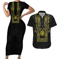 Philippines Barong Style Couples Matching Short Sleeve Bodycon Dress and Hawaiian Shirt with Polynesian Art and Leaf Motif Black-Gold Color
