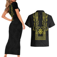 Philippines Barong Style Couples Matching Short Sleeve Bodycon Dress and Hawaiian Shirt with Polynesian Art and Leaf Motif Black-Gold Color