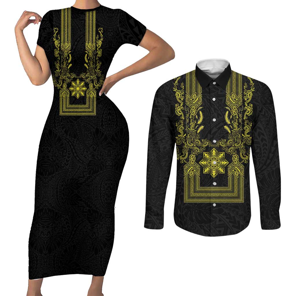 Philippines Barong Style Couples Matching Short Sleeve Bodycon Dress and Long Sleeve Button Shirt with Polynesian Art and Leaf Motif Black-Gold Color