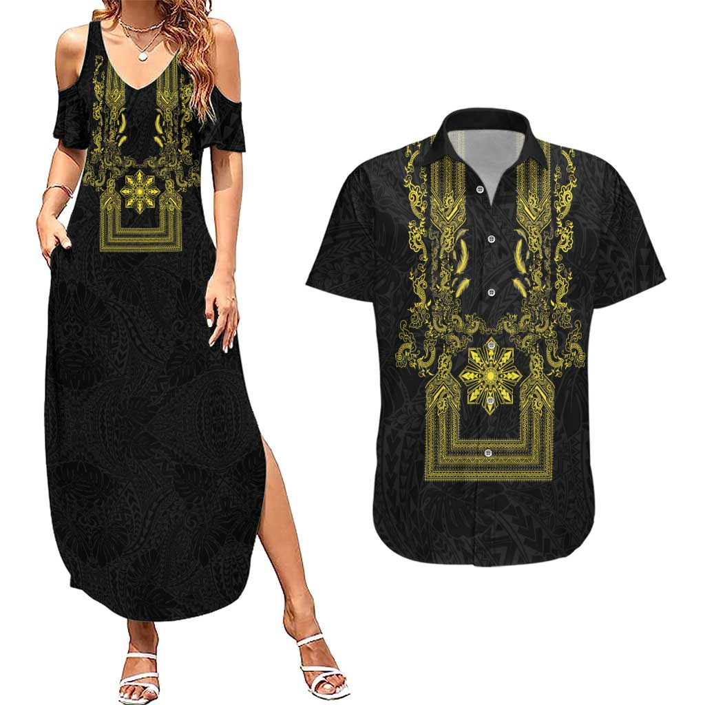 Philippines Barong Style Couples Matching Summer Maxi Dress and Hawaiian Shirt with Polynesian Art and Leaf Motif Black-Gold Color