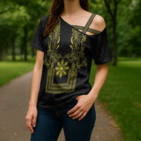 Philippines Barong Style Cross Shoulder Shirt with Polynesian Art and Leaf Motif Black-Gold Color