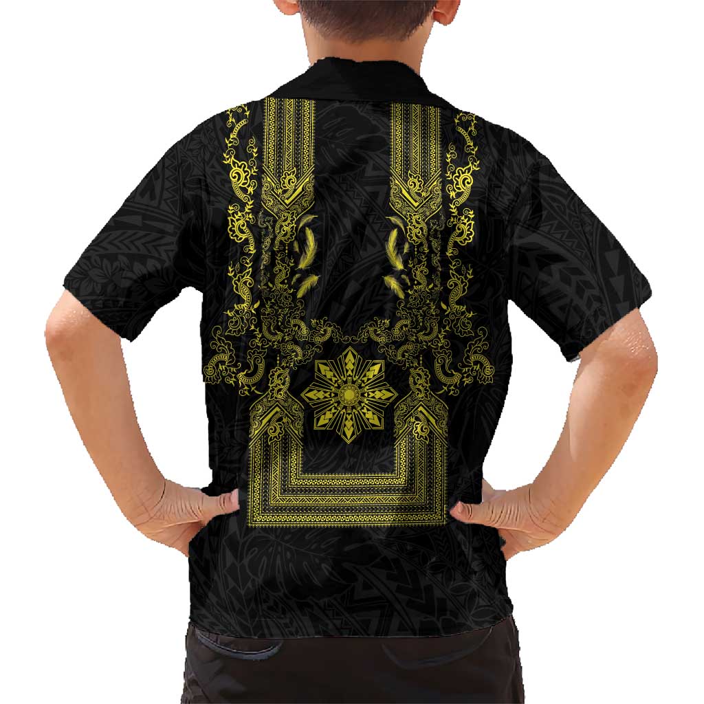 Philippines Barong Style Family Matching Long Sleeve Bodycon Dress and Hawaiian Shirt with Polynesian Art and Leaf Motif Black-Gold Color LT03 - Polynesian Pride