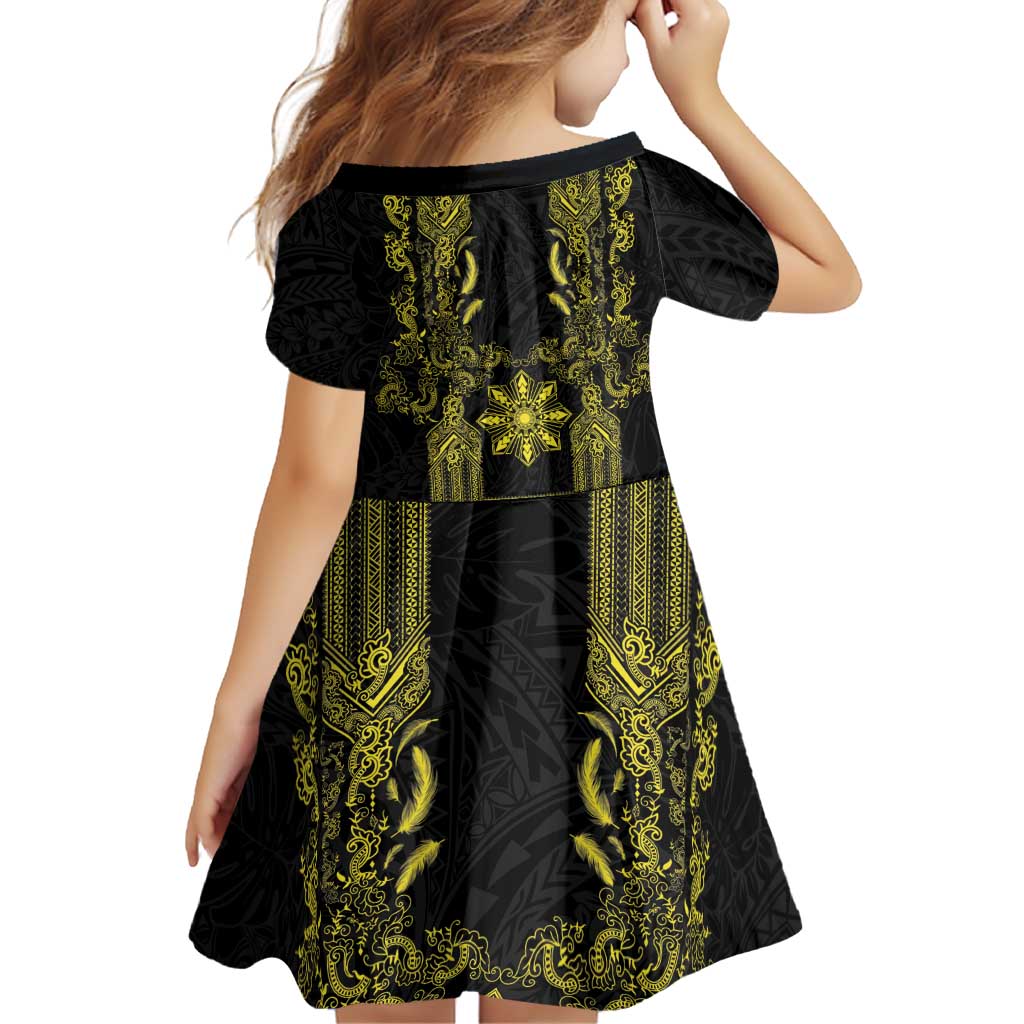 Philippines Barong Style Family Matching Long Sleeve Bodycon Dress and Hawaiian Shirt with Polynesian Art and Leaf Motif Black-Gold Color LT03 - Polynesian Pride