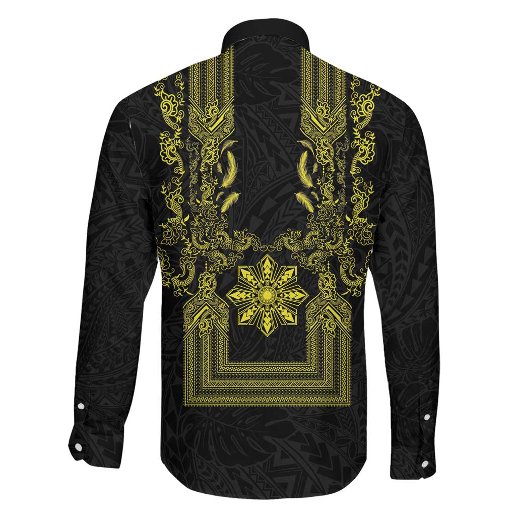 Philippines Barong Style Family Matching Long Sleeve Bodycon Dress and Hawaiian Shirt with Polynesian Art and Leaf Motif Black-Gold Color LT03 - Polynesian Pride