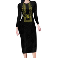 Philippines Barong Style Family Matching Long Sleeve Bodycon Dress and Hawaiian Shirt with Polynesian Art and Leaf Motif Black-Gold Color LT03 Mom's Dress Black - Polynesian Pride