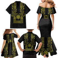 Philippines Barong Style Family Matching Mermaid Dress and Hawaiian Shirt with Polynesian Art and Leaf Motif Black-Gold Color LT03 - Polynesian Pride