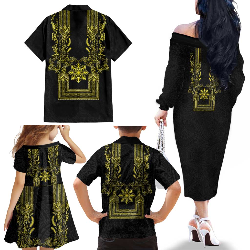 Philippines Barong Style Family Matching Off The Shoulder Long Sleeve Dress and Hawaiian Shirt with Polynesian Art and Leaf Motif Black-Gold Color LT03 - Polynesian Pride
