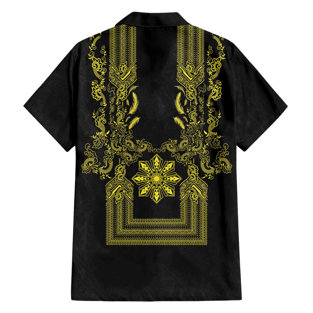 Philippines Barong Style Family Matching Off The Shoulder Long Sleeve Dress and Hawaiian Shirt with Polynesian Art and Leaf Motif Black-Gold Color LT03 - Polynesian Pride