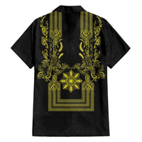 Philippines Barong Style Family Matching Off Shoulder Maxi Dress and Hawaiian Shirt with Polynesian Art and Leaf Motif Black-Gold Color LT03 - Polynesian Pride