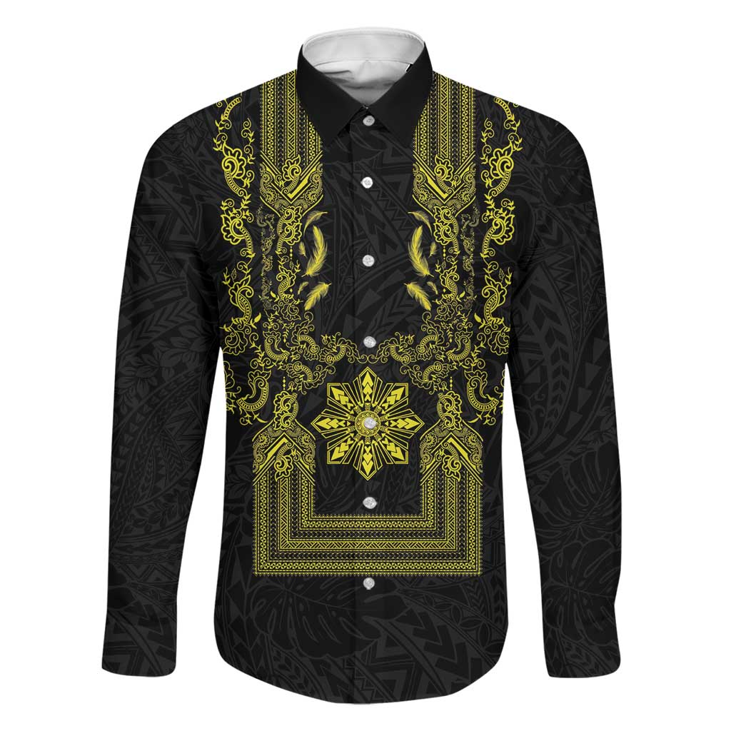 Philippines Barong Style Family Matching Off Shoulder Maxi Dress and Hawaiian Shirt with Polynesian Art and Leaf Motif Black-Gold Color LT03 Dad's Shirt - Long Sleeve Black - Polynesian Pride