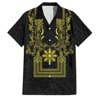 Philippines Barong Style Family Matching Off Shoulder Short Dress and Hawaiian Shirt with Polynesian Art and Leaf Motif Black-Gold Color LT03 Dad's Shirt - Short Sleeve Black - Polynesian Pride