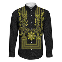 Philippines Barong Style Family Matching Off Shoulder Short Dress and Hawaiian Shirt with Polynesian Art and Leaf Motif Black-Gold Color LT03 Dad's Shirt - Long Sleeve Black - Polynesian Pride