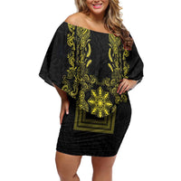 Philippines Barong Style Family Matching Off Shoulder Short Dress and Hawaiian Shirt with Polynesian Art and Leaf Motif Black-Gold Color LT03 Mom's Dress Black - Polynesian Pride
