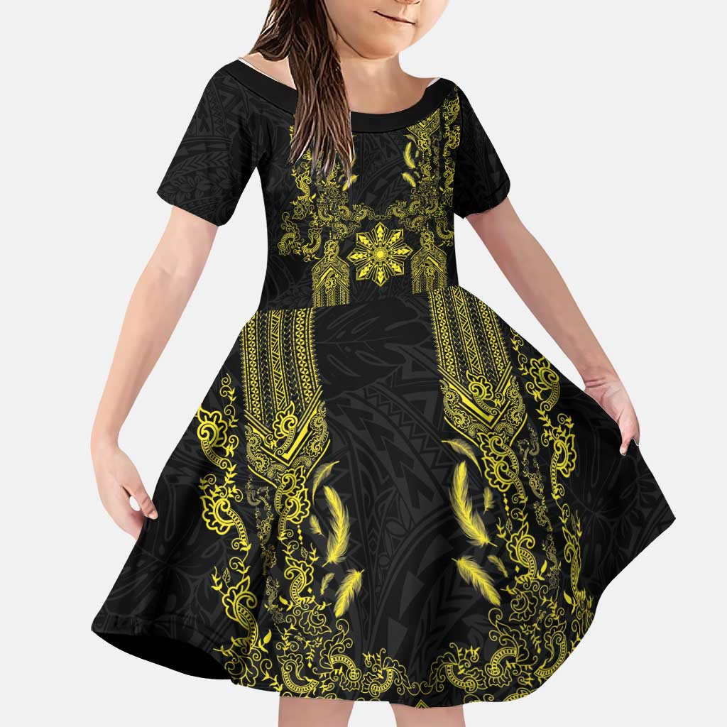 Philippines Barong Style Family Matching Puletasi and Hawaiian Shirt with Polynesian Art and Leaf Motif Black-Gold Color LT03 Daughter's Dress Black - Polynesian Pride