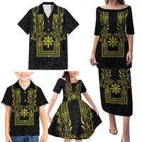 Philippines Barong Style Family Matching Puletasi and Hawaiian Shirt with Polynesian Art and Leaf Motif Black-Gold Color LT03 - Polynesian Pride