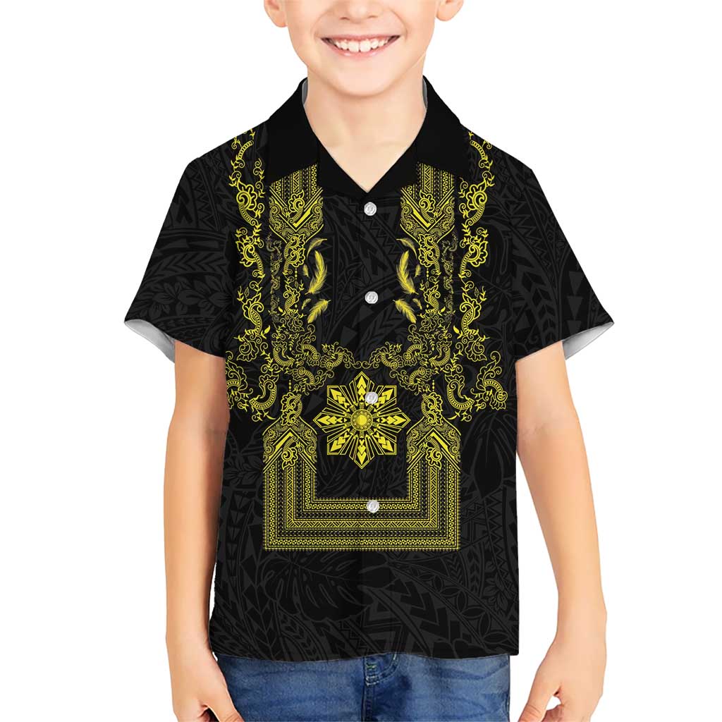 Philippines Barong Style Family Matching Puletasi and Hawaiian Shirt with Polynesian Art and Leaf Motif Black-Gold Color LT03 Son's Shirt Black - Polynesian Pride