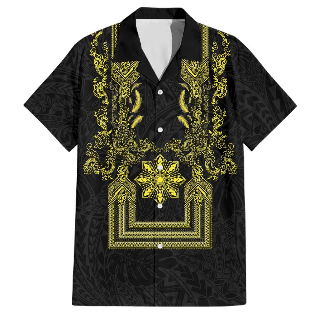 Philippines Barong Style Family Matching Short Sleeve Bodycon Dress and Hawaiian Shirt with Polynesian Art and Leaf Motif Black-Gold Color LT03 Dad's Shirt - Short Sleeve Black - Polynesian Pride