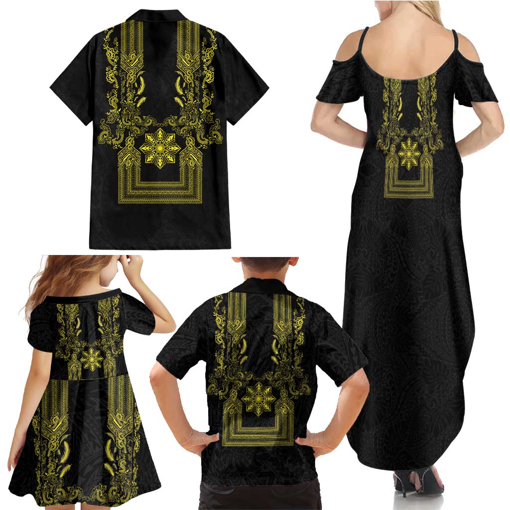Philippines Barong Style Family Matching Summer Maxi Dress and Hawaiian Shirt with Polynesian Art and Leaf Motif Black-Gold Color LT03 - Polynesian Pride