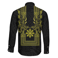 Philippines Barong Style Family Matching Summer Maxi Dress and Hawaiian Shirt with Polynesian Art and Leaf Motif Black-Gold Color LT03 - Polynesian Pride