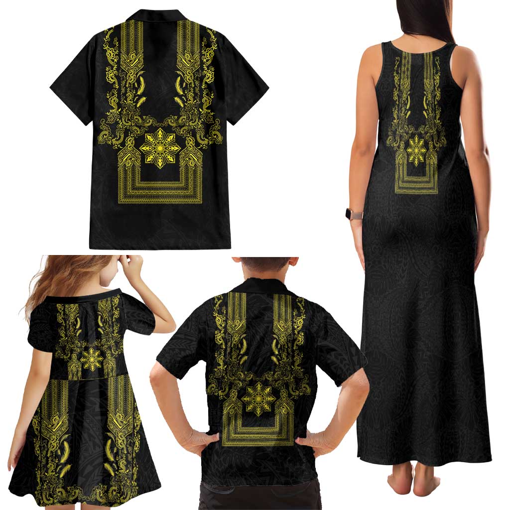 Philippines Barong Style Family Matching Tank Maxi Dress and Hawaiian Shirt with Polynesian Art and Leaf Motif Black-Gold Color LT03 - Polynesian Pride