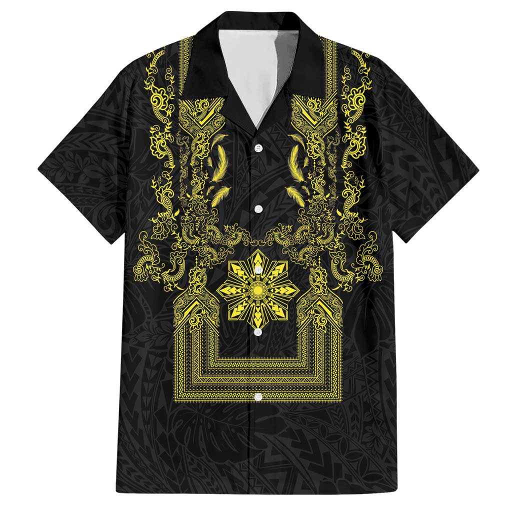 Philippines Barong Style Hawaiian Shirt with Polynesian Art and Leaf Motif Black-Gold Color