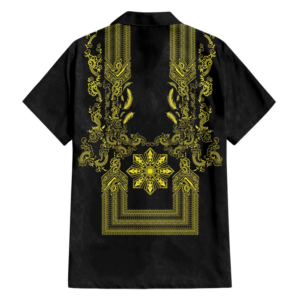 Philippines Barong Style Hawaiian Shirt with Polynesian Art and Leaf Motif Black-Gold Color LT03 - Polynesian Pride