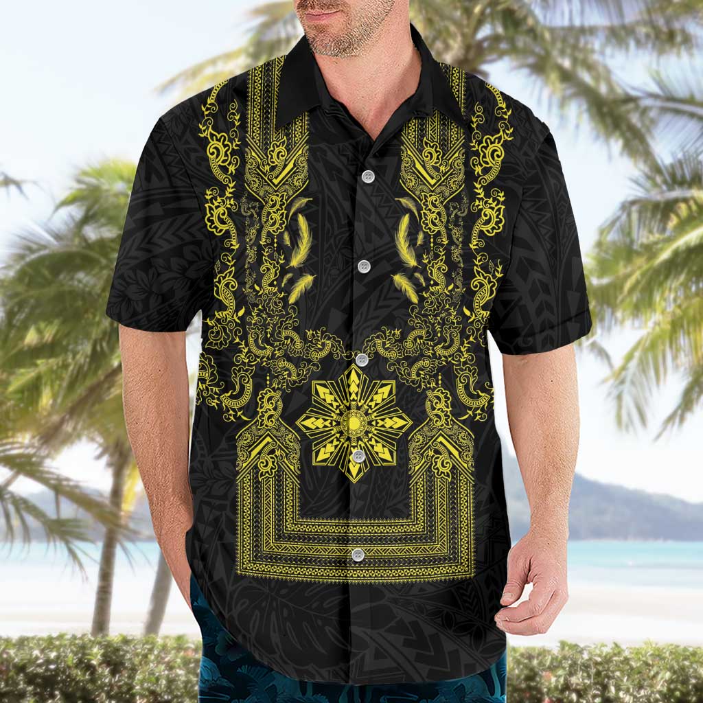 Philippines Barong Style Hawaiian Shirt with Polynesian Art and Leaf Motif Black-Gold Color LT03 - Polynesian Pride