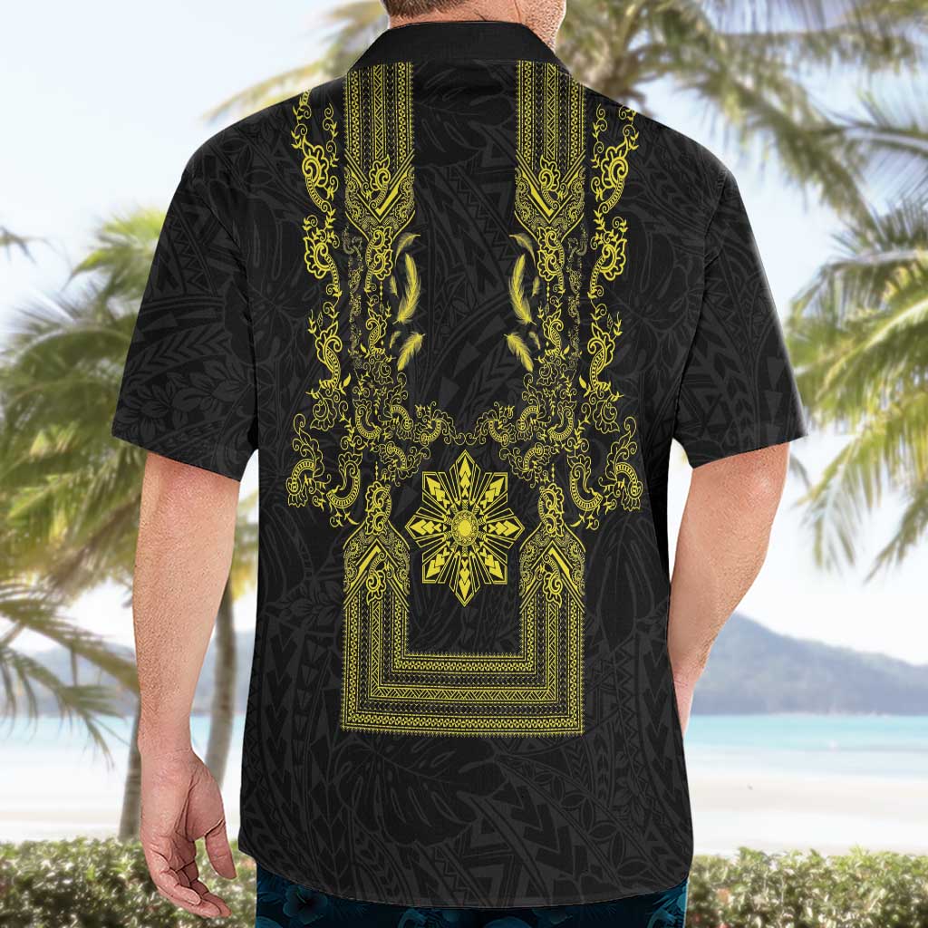 Philippines Barong Style Hawaiian Shirt with Polynesian Art and Leaf Motif Black-Gold Color LT03 - Polynesian Pride