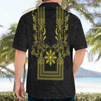 Philippines Barong Style Hawaiian Shirt with Polynesian Art and Leaf Motif Black-Gold Color LT03 - Polynesian Pride