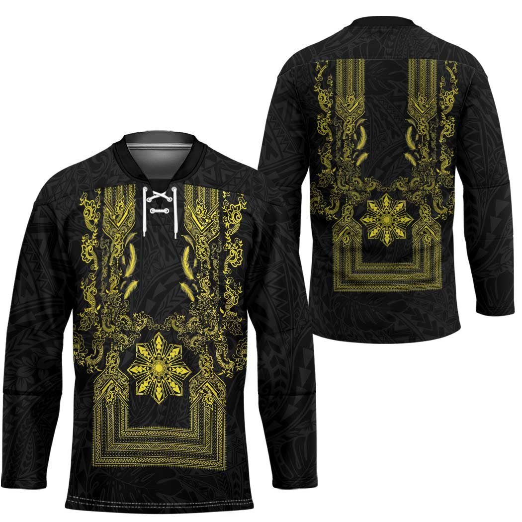 Philippines Barong Style Hockey Jersey with Polynesian Art and Leaf Motif Black-Gold Color LT03 - Polynesian Pride