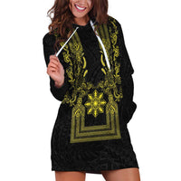 Philippines Barong Style Hoodie Dress with Polynesian Art and Leaf Motif Black-Gold Color LT03 Black - Polynesian Pride