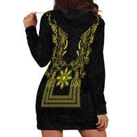 Philippines Barong Style Hoodie Dress with Polynesian Art and Leaf Motif Black-Gold Color LT03 - Polynesian Pride