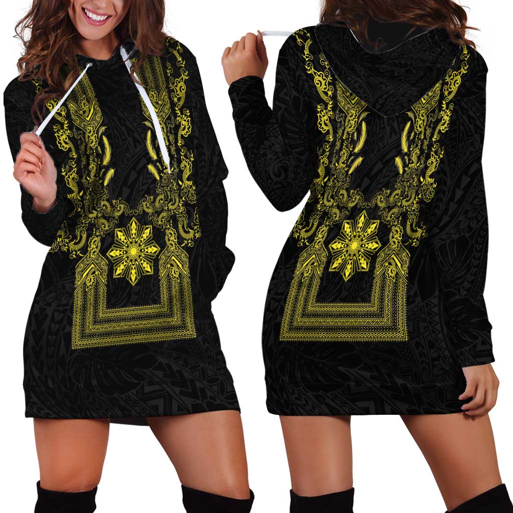 Philippines Barong Style Hoodie Dress with Polynesian Art and Leaf Motif Black-Gold Color LT03 - Polynesian Pride