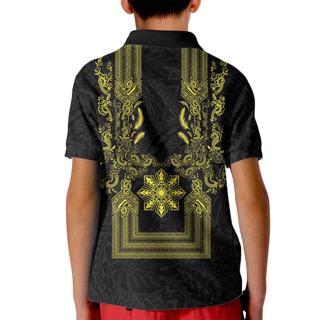 Philippines Barong Style Kid Polo Shirt with Polynesian Art and Leaf Motif Black-Gold Color LT03 - Polynesian Pride
