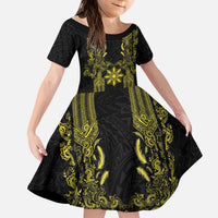 Philippines Barong Style Kid Short Sleeve Dress with Polynesian Art and Leaf Motif Black-Gold Color LT03 KID Black - Polynesian Pride