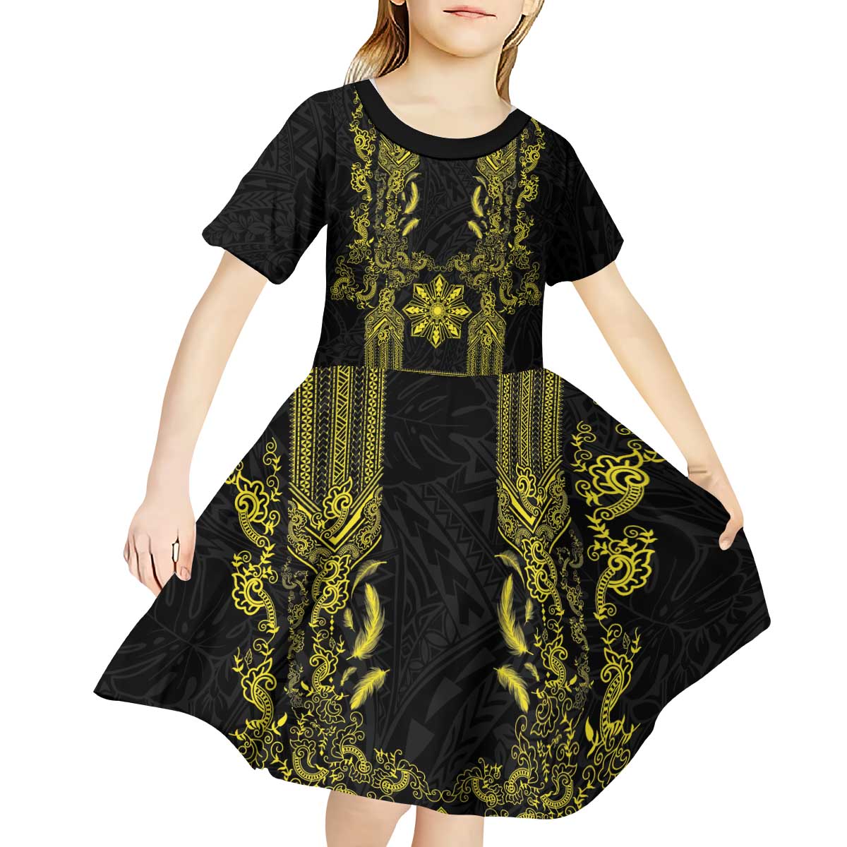 Philippines Barong Style Kid Short Sleeve Dress with Polynesian Art and Leaf Motif Black-Gold Color LT03 - Polynesian Pride
