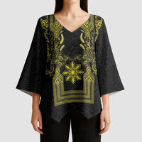 Philippines Barong Style Kimono Sleeve Blouse with Polynesian Art and Leaf Motif Black-Gold Color