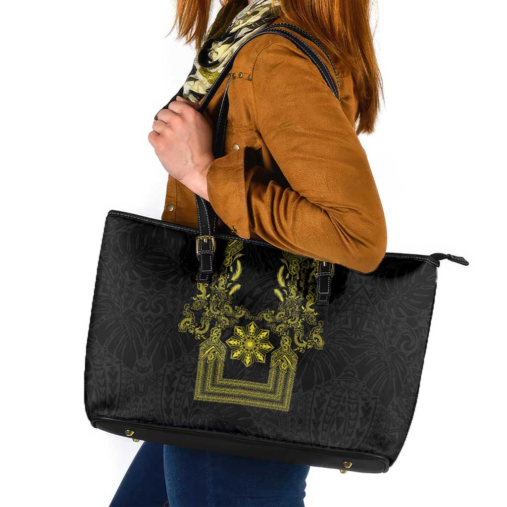 Philippines Barong Style Leather Tote Bag with Polynesian Art and Leaf Motif Black-Gold Color LT03 Black - Polynesian Pride