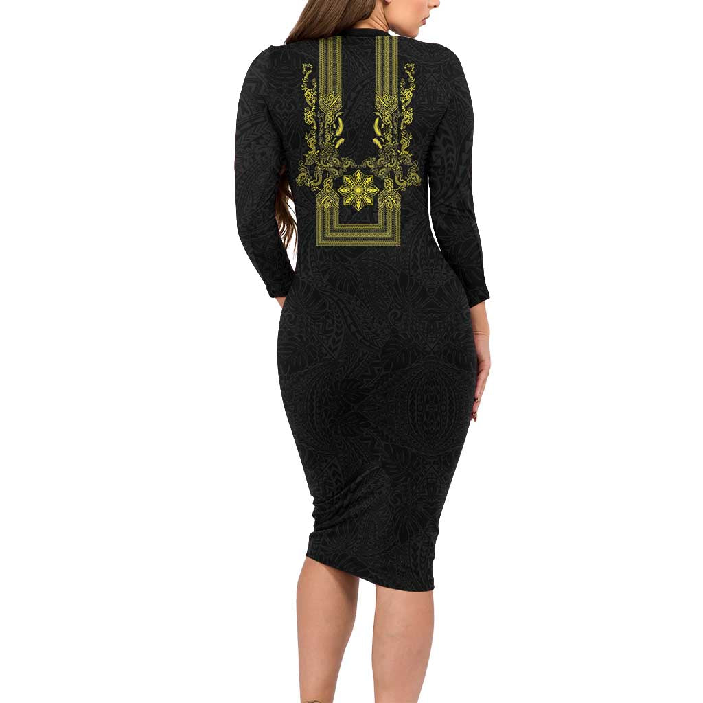 Philippines Barong Style Long Sleeve Bodycon Dress with Polynesian Art and Leaf Motif Black-Gold Color LT03 - Polynesian Pride