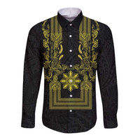 Philippines Barong Style Long Sleeve Button Shirt with Polynesian Art and Leaf Motif Black-Gold Color