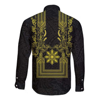 Philippines Barong Style Long Sleeve Button Shirt with Polynesian Art and Leaf Motif Black-Gold Color