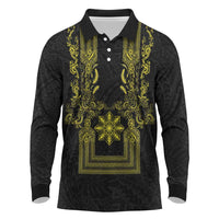 Philippines Barong Style Long Sleeve Polo Shirt with Polynesian Art and Leaf Motif Black-Gold Color LT03 Black - Polynesian Pride