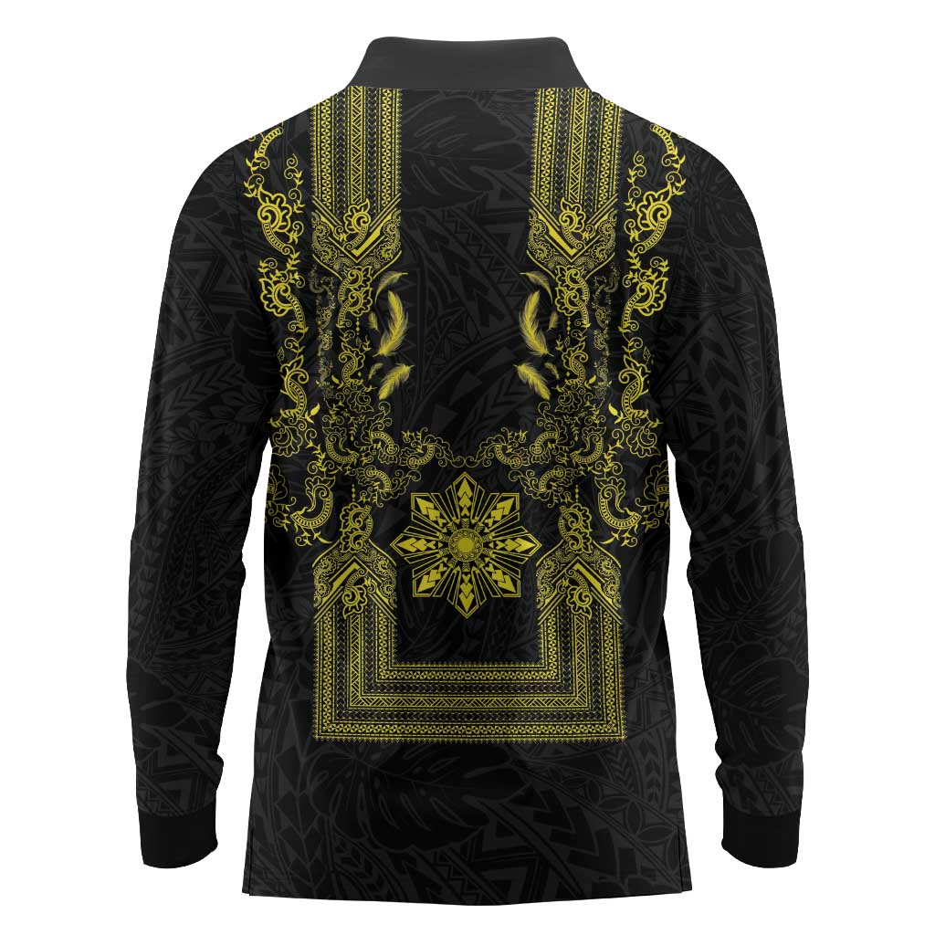 Philippines Barong Style Long Sleeve Polo Shirt with Polynesian Art and Leaf Motif Black-Gold Color LT03 - Polynesian Pride