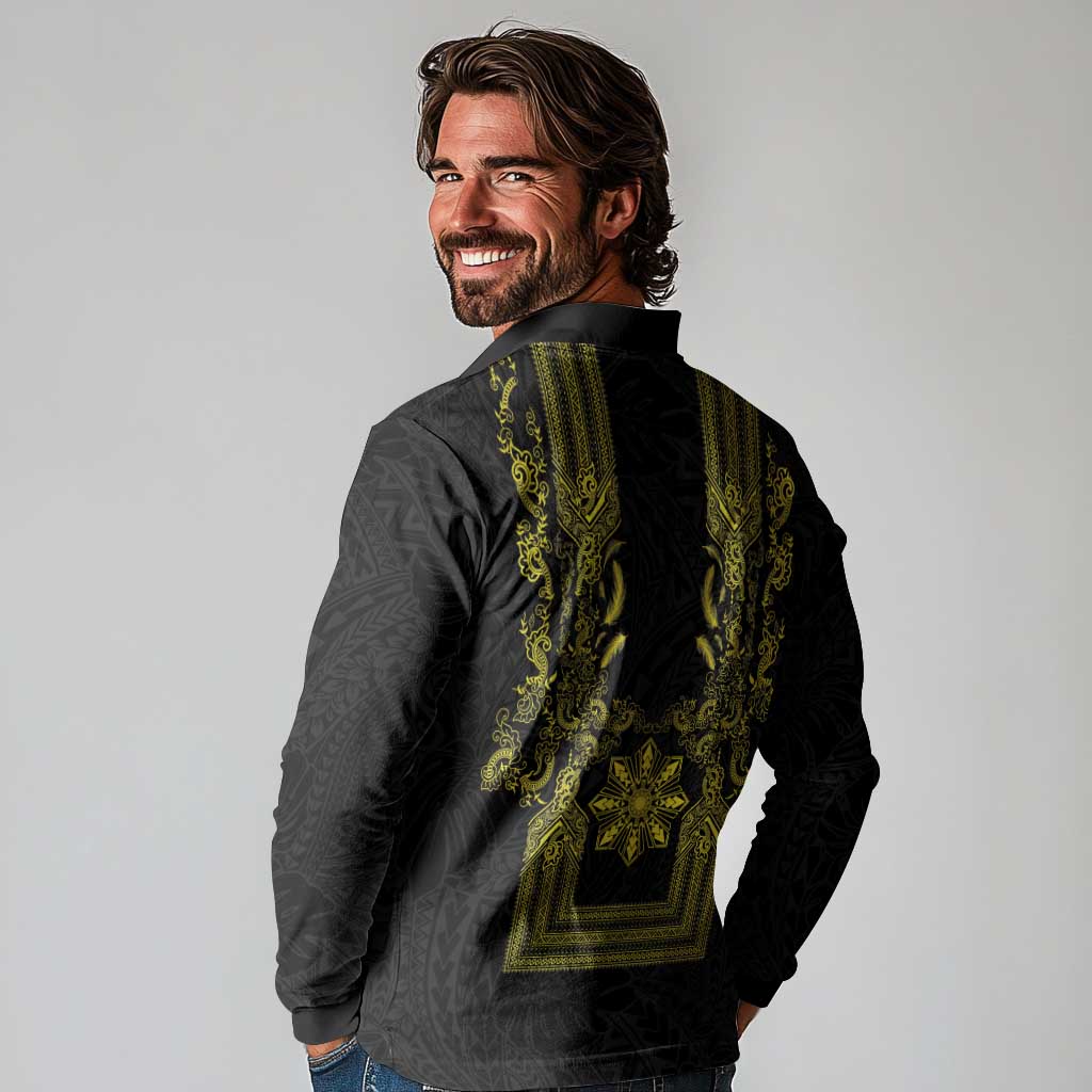 Philippines Barong Style Long Sleeve Polo Shirt with Polynesian Art and Leaf Motif Black-Gold Color LT03 - Polynesian Pride