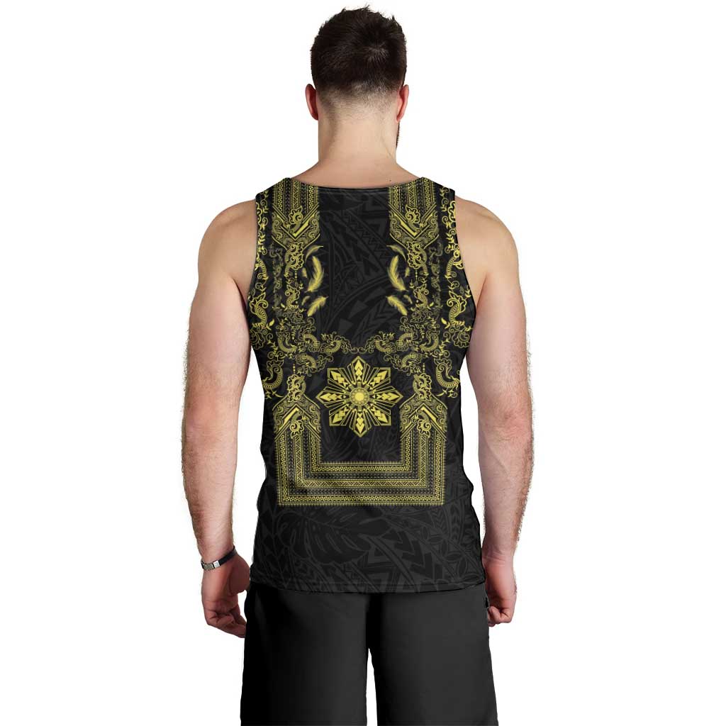 Philippines Barong Style Men Tank Top with Polynesian Art and Leaf Motif Black-Gold Color